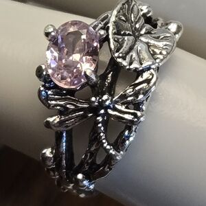 Dragonfly Lotus Ring Ancient Silver Inlaid Zirconia Women Retro Ring size 7